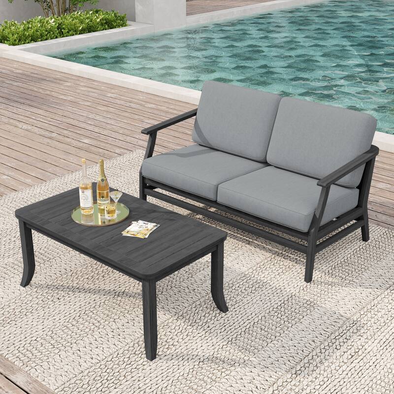Teak Wood Patio Outdoor Loveseat Sofa and Coffee Table Set - Dark Wood - Grey
