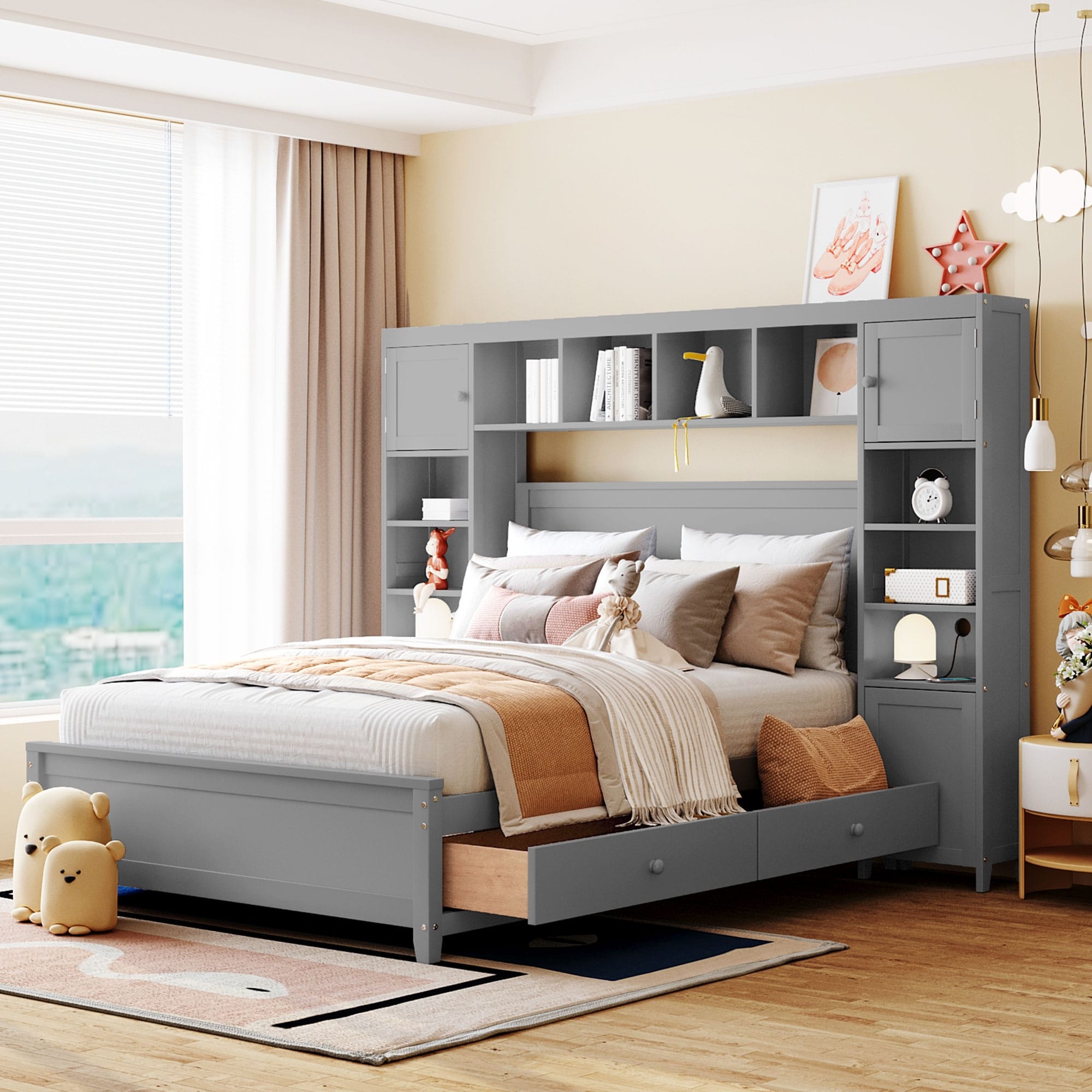 Full Size Storage Bed with Headboard Shelves and Under Bed Drawers Solid Wood