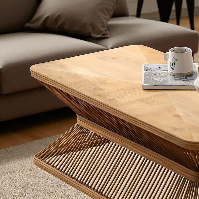 43.3" Mid-Century Modern Coffee Table - Rectangular Wood Accent Table with Woven Bamboo Base, Rustic Boho Style