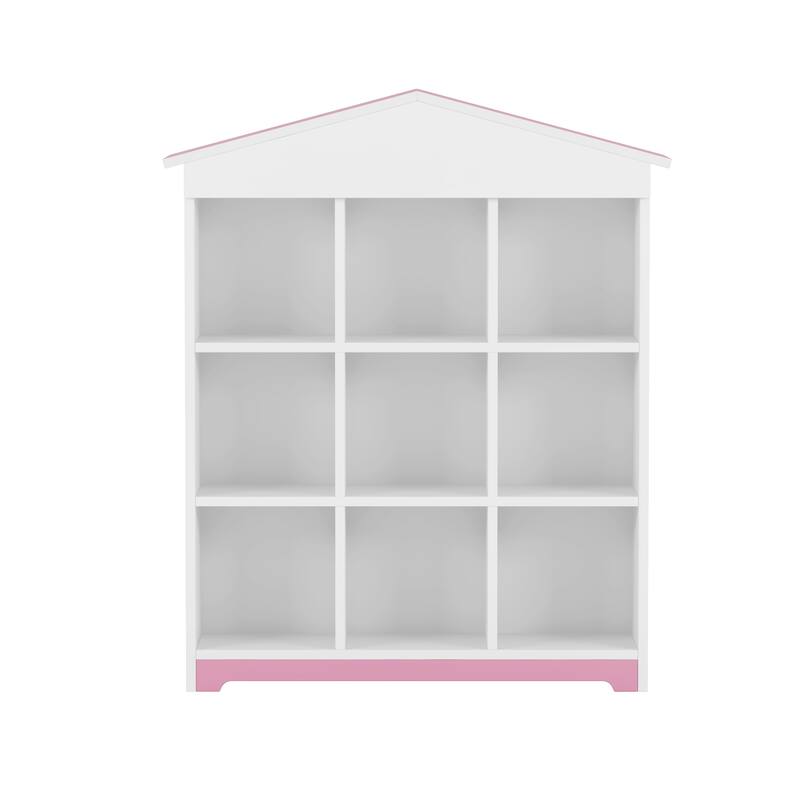 House shaped Storage Rack with Nine Storage Compartments,Three layer Bookshelf with Colorblock Design