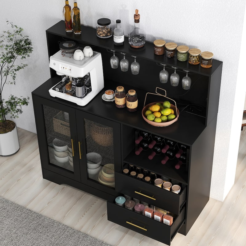 EROMMY Farmhouse Coffee Bar Cabinet with LED Lights, Sliding Barn Door, Wine Racks and Glass Holder, Home Liquor Cabinet