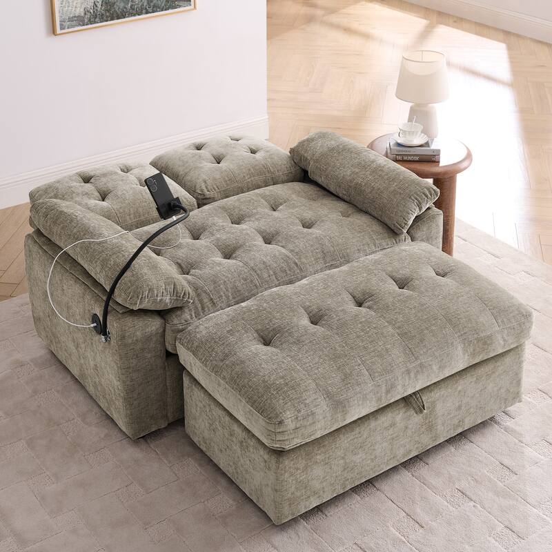 Double Recliner Chair with Adjustable Backrest, Storage Ottoman, USB Port & Phone Stand