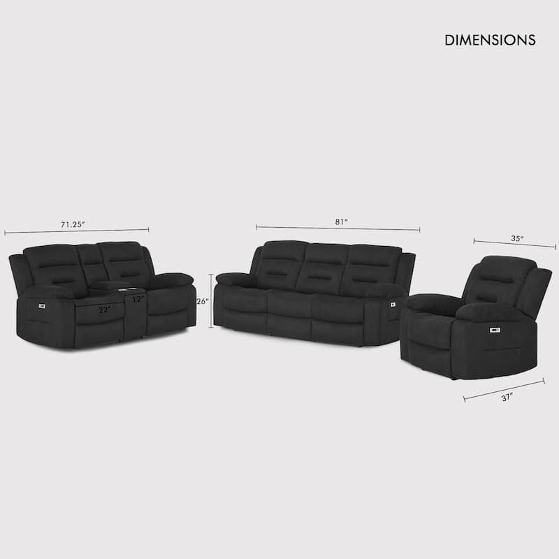 3-Piece Modular Power Recliner Fabric Sofa Set with USB&USB-C Charging For Livingroom