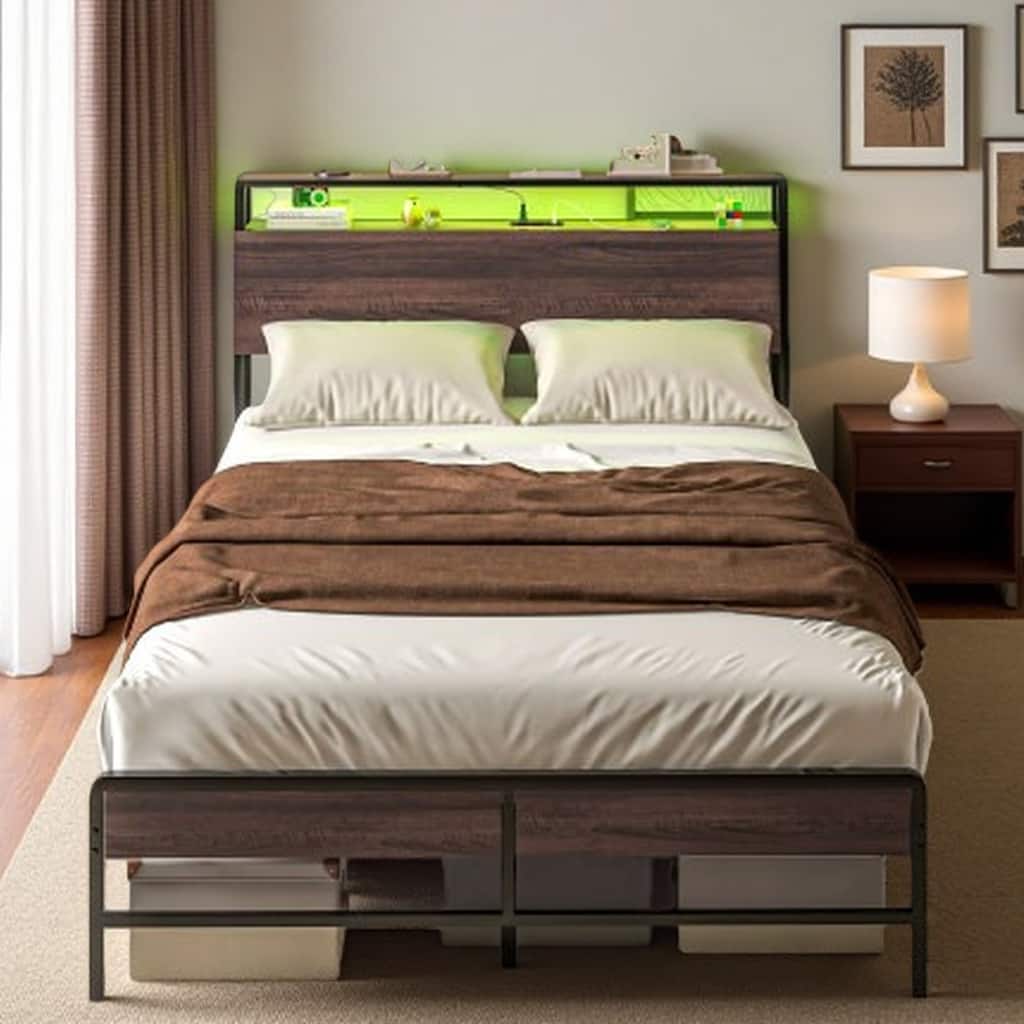 Full Size Platform Bed with LED Headboard, Charging Ports, 3-Tier Storage Shelf & Underbed Space, Sturdy Steel Frame with Slats