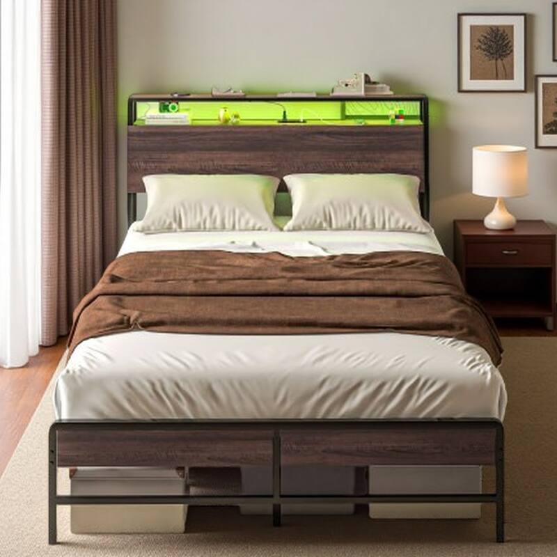 Full Size Platform Bed with LED Headboard, Charging Ports, 3-Tier Storage Shelf & Underbed Space, Sturdy Steel Frame with Slats - Walnut