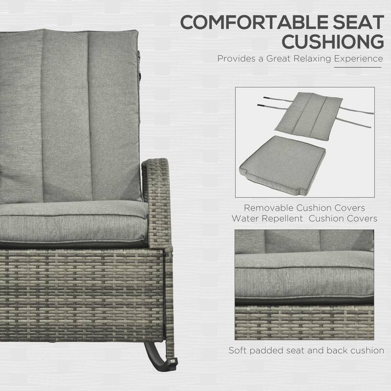 Outsunny Outdoor Rattan Rocking Chair Patio Recliner with Soft Cushions, Adjustable Footrest
