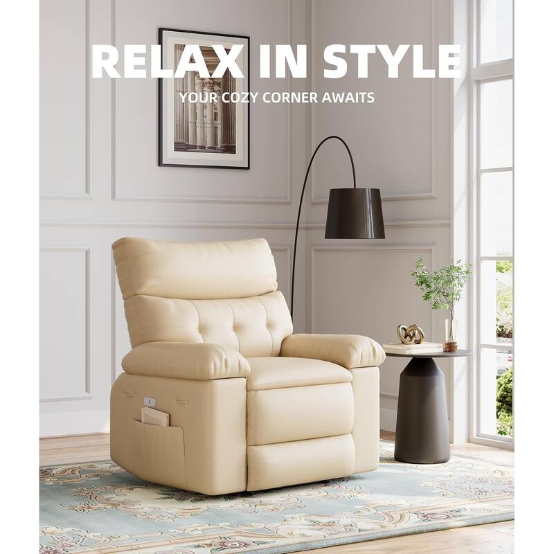 27" Oversized PU Leather Massage Recliner with Heat & Vibration, Cup Holders, Side Pockets, Wood Frame