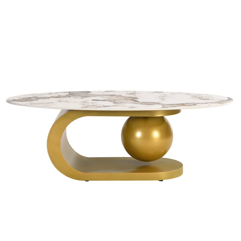 47.2" Modern Oval Coffee Table with Marble Pattern Top and Gold Stainless Steel Base
