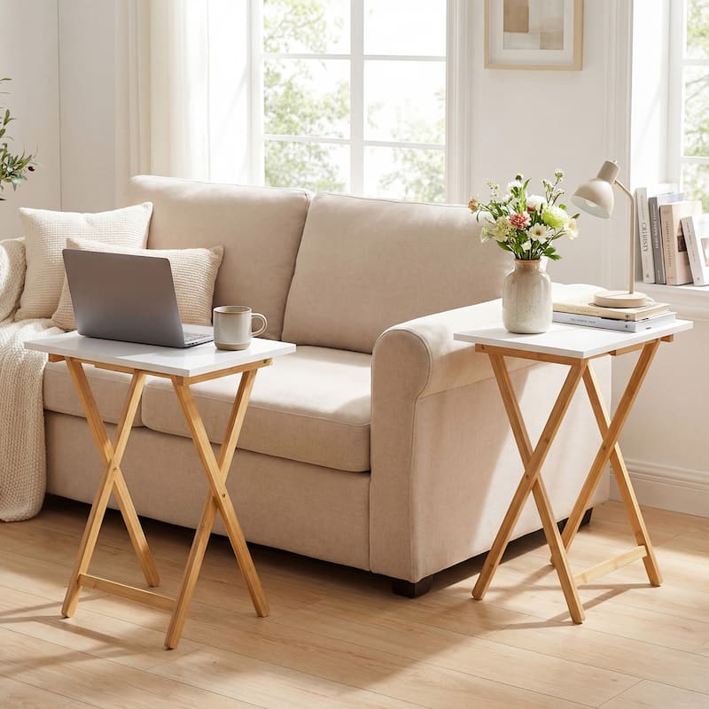 Gymax Folding TV Tray Tables Set of 2 Bamboo Snack Table for Small