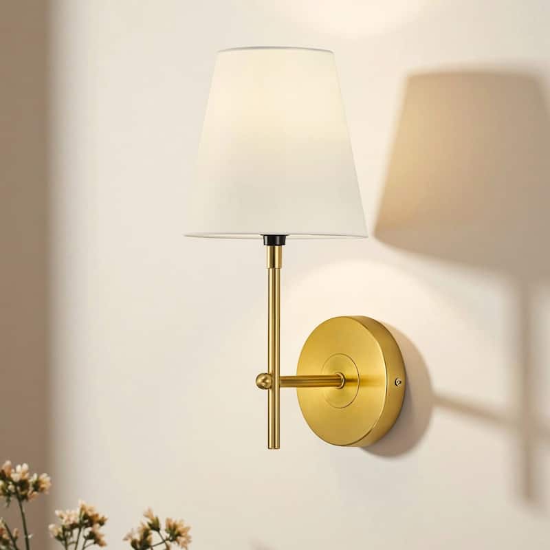 CO-Z 1-Light Plug-In/Hardwired Wall Lamp Bathroom Vanity Light with White Fabric Shade