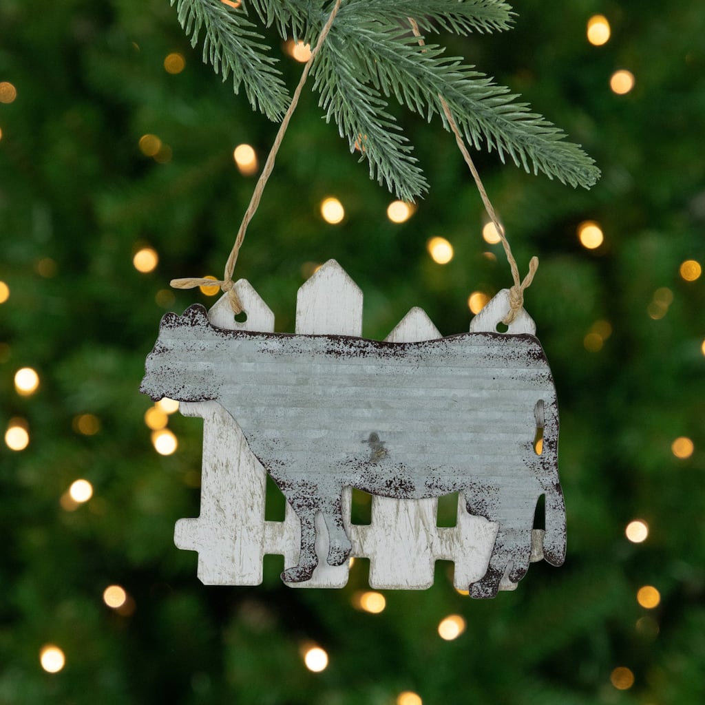4.5" Country Rustic Cow and White Picket Fence Christmas Ornament