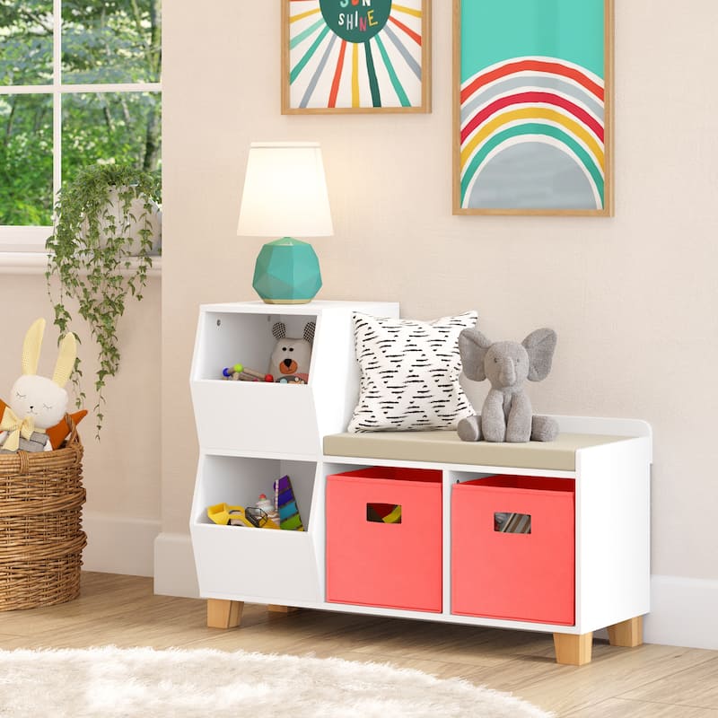 RiverRidge Kids Catch-All Cubby Storage Organizer Bench with Toy Storage Shelves and Cushioned Seat for Playroom - White