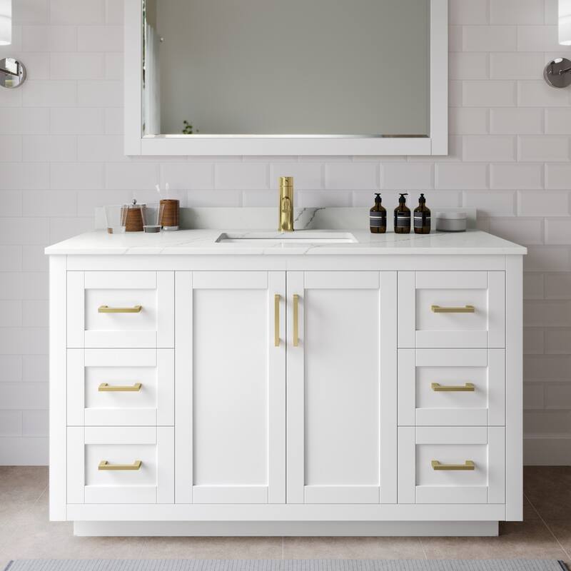 Wyndham Collection WCF292954S-QTZ-UNSMXX Miranda 54" Free Standing - White / Giotto Quartz Top / Brushed Gold Hardware