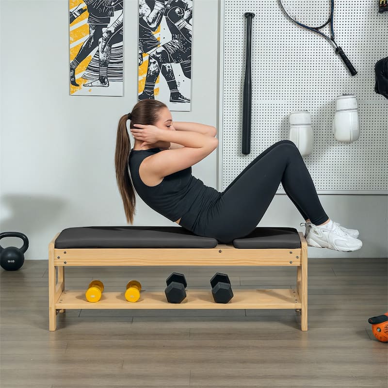 Adjustable Dumbbell PU Padding Bench with Storage Rack and Wood Frame for Home Gym - 46.9" L x 14.8" W x 16.9" -44.1" H