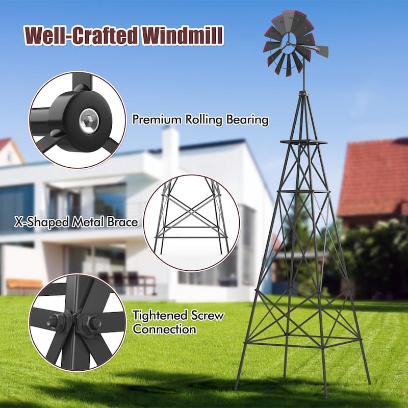 8 Feet Metal Windmill Outdoor Garden Yard Ornament with Weathervane