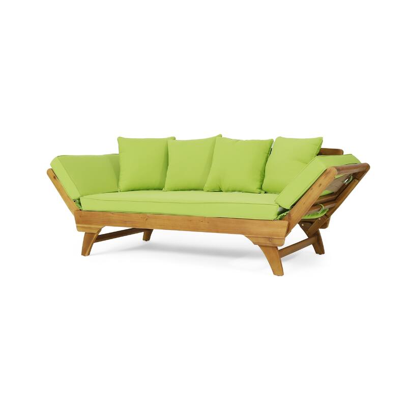 Flex Outdoor Daybed, 65 Inch Teak Brown Acacia Wood, Green Cushions