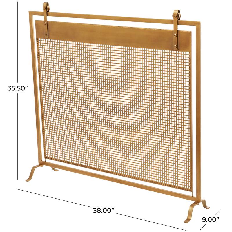 Copper Metal Suspended Grid Style Netting Single Panel Fireplace Screen with Bolted Detailing