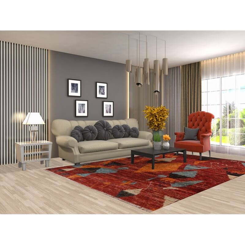 Hand Knotted Oriental 100% Wool Carpet Modern Tribal Red Moroccan Area Rug - 9' 9'' X 6' 10''