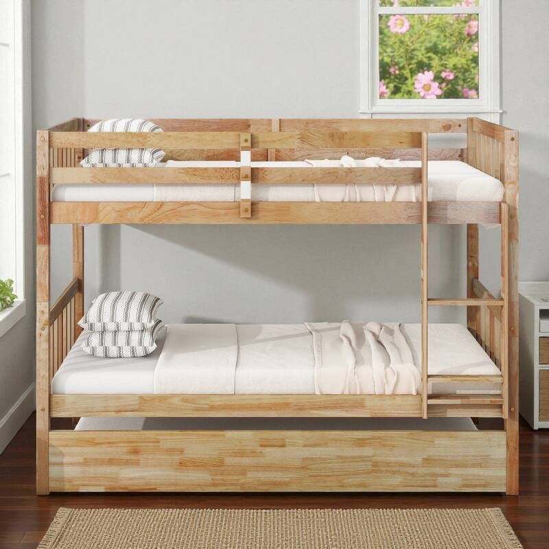 Twin Over Twin Rubber Wood Bunk Bed with Trundle, Convertible into Twin Beds, Ladder and Safety Guardrails