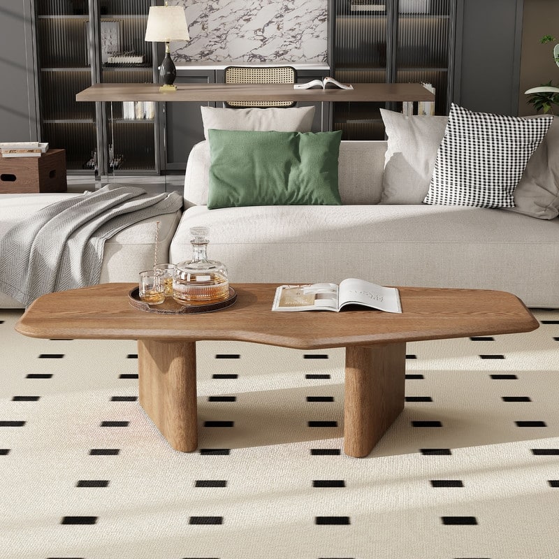 47.2 Inches Free Form Rustic Ash Wood Veneer Coffee Table for Small Living Room