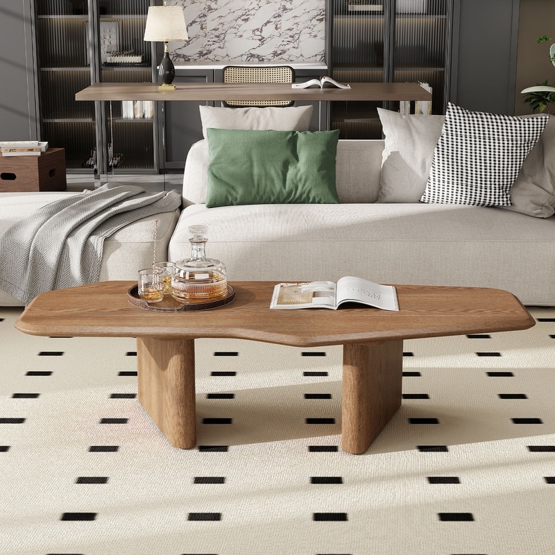 47.2 Inches Free Form Rustic Ash Wood Veneer Coffee Table for Small Living Room - Walnut