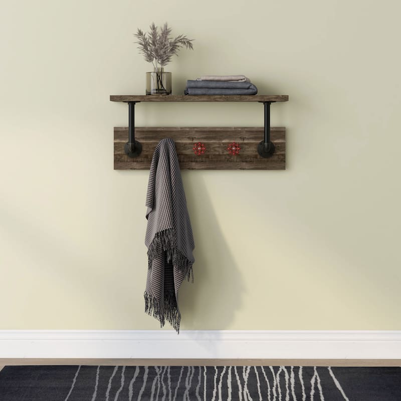 DH BASIC Industrial Reclaimed Oak Metal 3-Hook Wall Shelf by Denhour