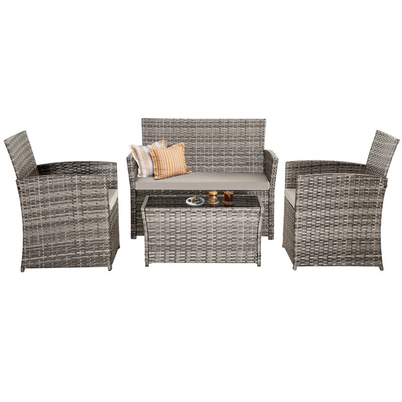 4 Piece Outdoor PE Wicker Furniture Set, Patio Gray Rattan Sectional Sofa Couch with Washable Cushions - Grey