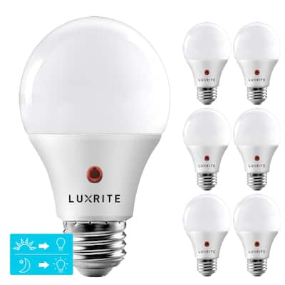 Luxrite A19 LED Dusk to Dawn Light Bulbs Lighting Enclosed Fixture Rated 800lm Damp Rated E26 6 Pack