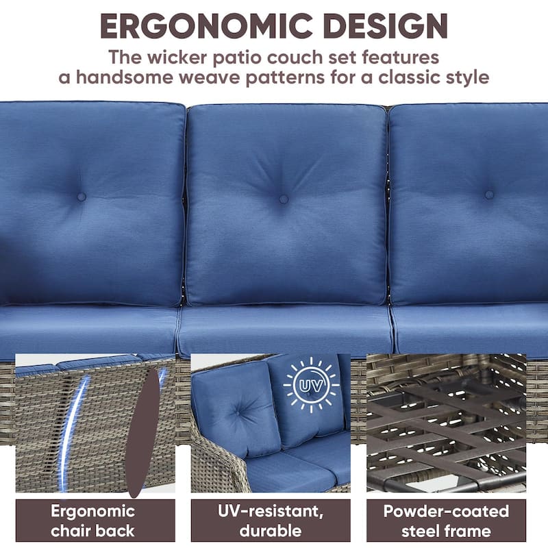 3-Seat Patio PE Wicker Couch Furniture Outdoor - Grey
