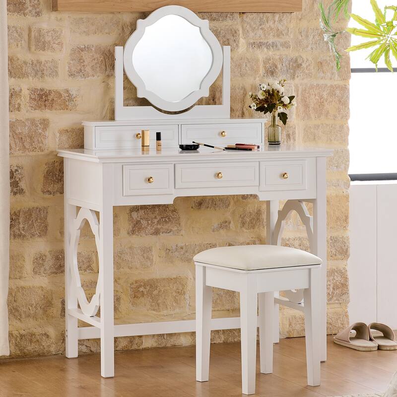 2-Piece Makeup Vanity Desk Set with PU Upholstered Stool, 5 Drawers Vanity Table Dressing Table with Swivel Vanity Mirror, White