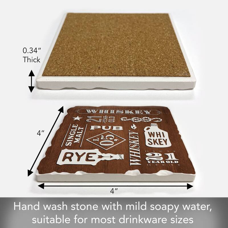 Whiskey Collage 4 Pack Absorbent Stone Coasters with Cork Backing 4" Square Made in The USA Absorbent Wipes Clean