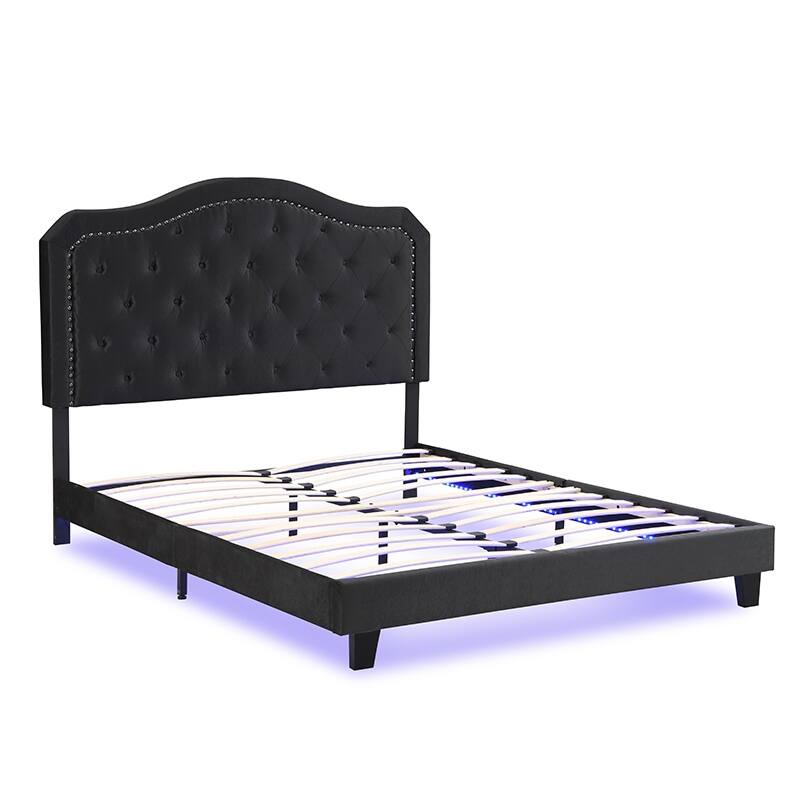 Upholstered Bed Button Tufted with Curve Design - Strong Wood Slat Support - Velvet - with LED Light-Platform Bed - Queen Size