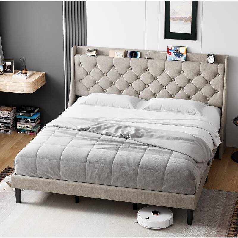 Bed Frame with Charging Station and Storage Shelf