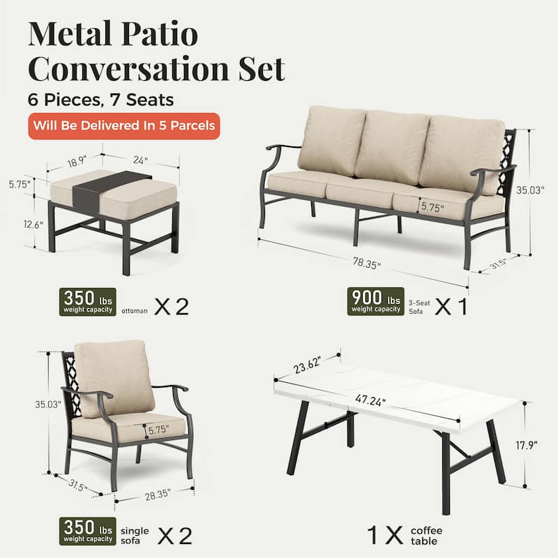 MAISON ARTS Patio Conversation Sets 5/7/9-Seat, Sofa Set with 2 Single Sofa Chairs, 3-Seater Sofa, Ottoman and Coffee Table