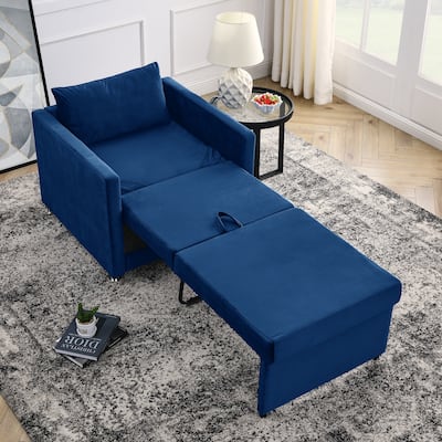 Sofa Chair Bed w/ 2-in-1 Blue Chaise Lounges Sleeper Chair, Pillow