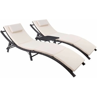 Homall Patio Chaise Lounge Sets Outdoor Rattan Adjustable Back 3 Pieces Cushioned Patio Folding Chaise Lounge with Folding Table