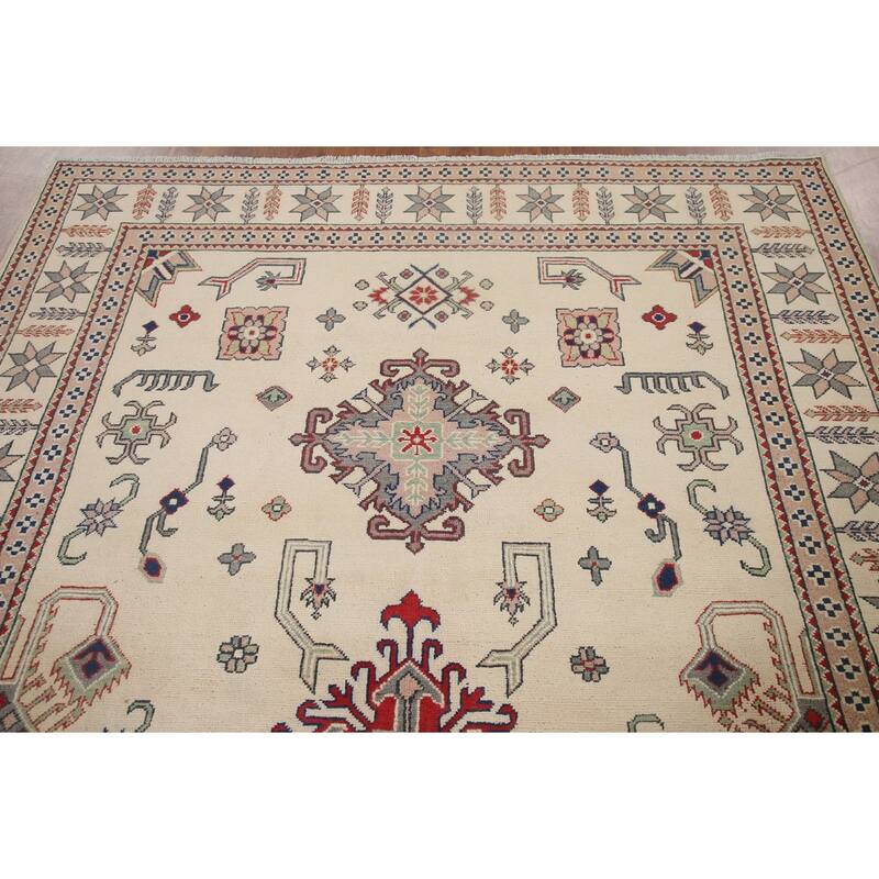 Hand Knotted Oriental 100% Wool Carpet Traditional Geometric Beige & Ivories Kazak Area Rug - 9' 7'' X 6' 7''