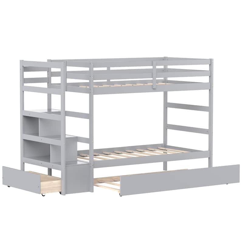 Costway Twin Over Twin Bunk Bed with Trundle Stairway and Storage - 39'' x 75''