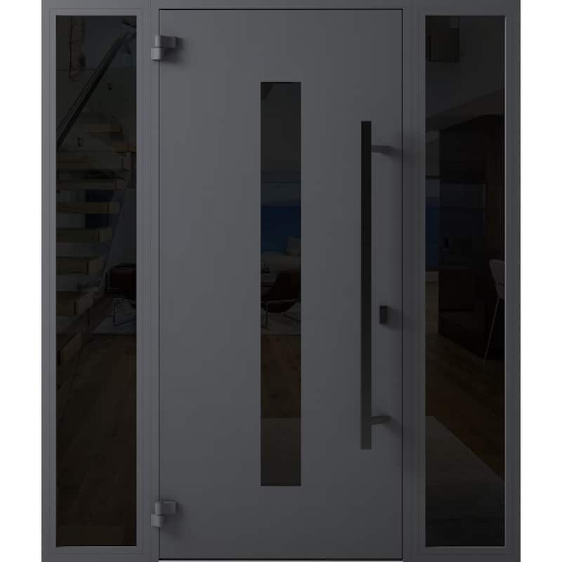 Front Prehung Steel Door Ronex 1011 Grey Side and Top Window Sidelite Stainless Inserts W36+12xH80+16 Lh I