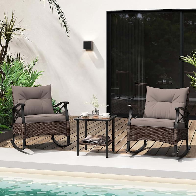 3 PCS Outdoor Rocking Chair Set Cushioned Rocker Chair w/ Side Table