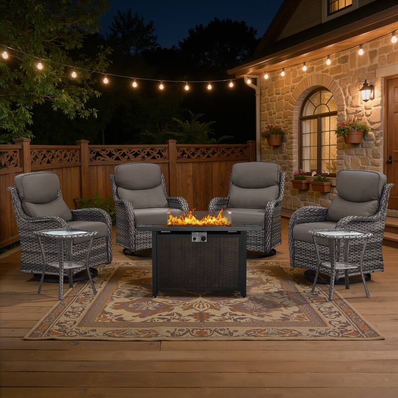 Meyreso 7-Piece Outdoor Patio Wicker Fire Pit 4 person Conversation Set with 5-Inch Thick Cushions - Gray Cushions - Gray Wicker