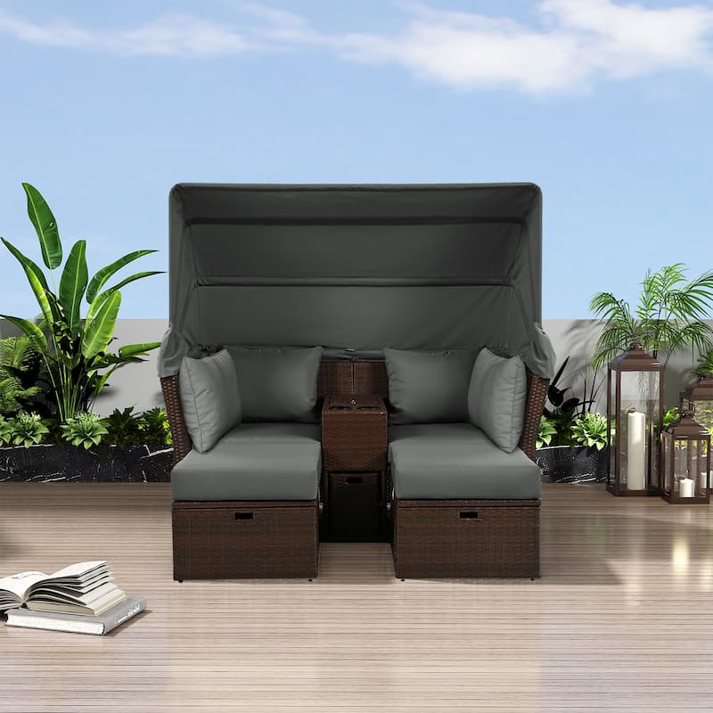 2-Seater Outdoor Patio Daybed Outdoor Double Daybed Outdoor Loveseat Sofa Set with Foldable Awning and Cushions for Garden