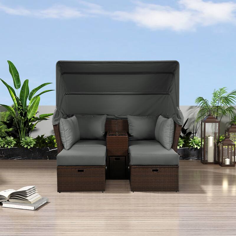Outdoor Convertible Daybed Loveseat Sofa Set with Canopy & Console