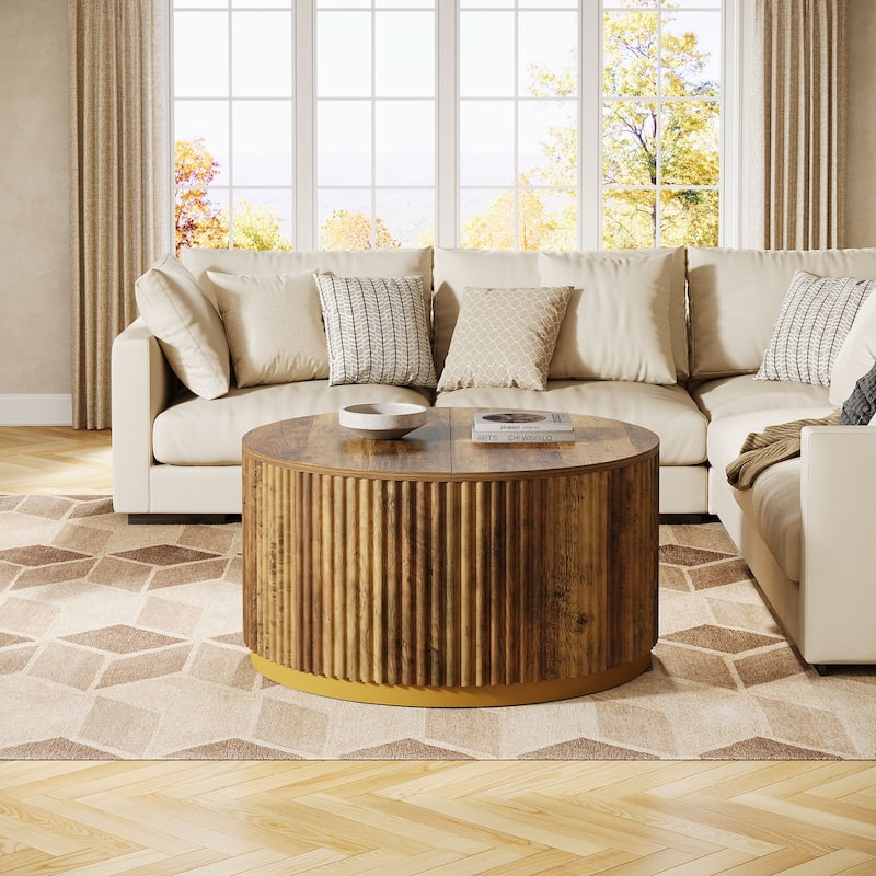 Round Coffee Table, Fluted Wooden Center Table, Mid Century Modern Table for Living Room or Office