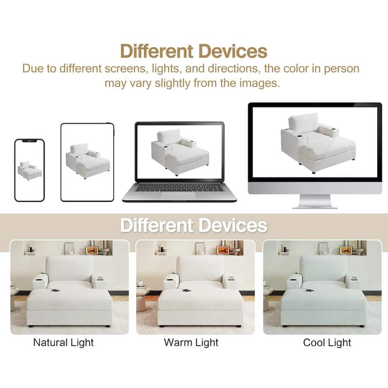 Oversized 42.8" Chaise Lounge Chair with Storage Ottoman, Corduroy Sleeper Chair with Cup Holders & USB Port for Living Room