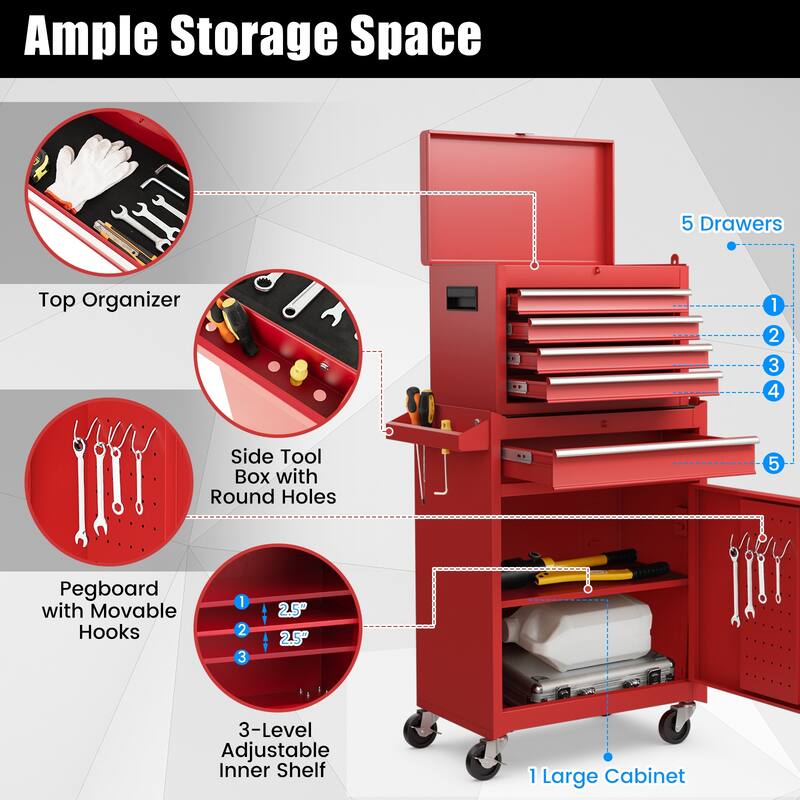 2-in-1 Tool Chest and Cabinet with 5 Sliding Drawers - 23" x 11" x 40.5"(L x W x H)