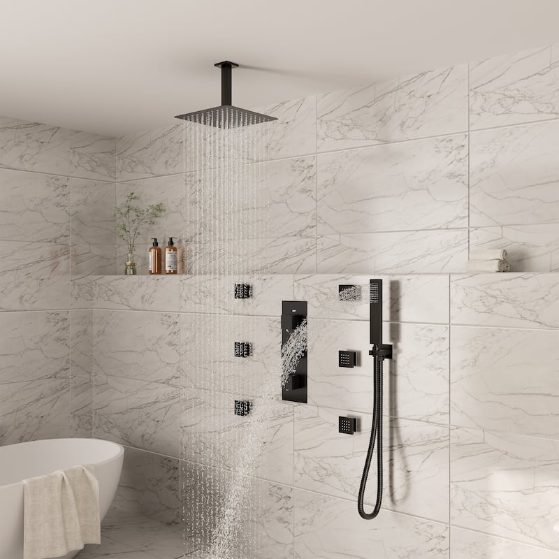 Thermostatic 3-Spray 12 in. Ceiling Mount Shower System with Handheld Shower Head and 6 Body Jets - 12" x 12"