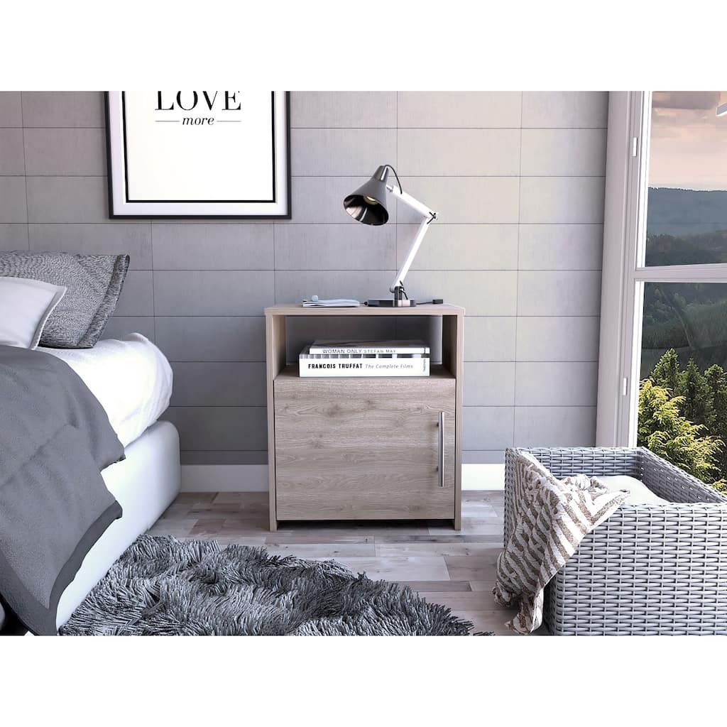 Minimalist Nightstand with Cabinet, Light Gray Finish