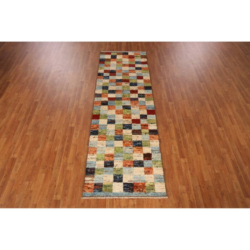 Checkered Moroccan Oriental Runner Rug Handmade Wool Carpet - 3'2" x 9'8"