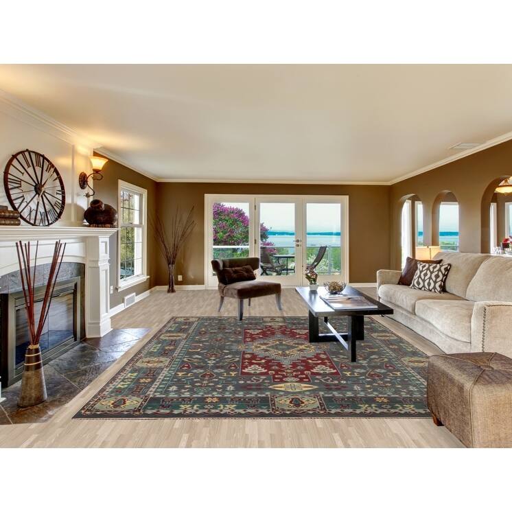 Geometric Grey Kazak Area Rug Handmade Wool Carpet - 8'9"x 11'7"